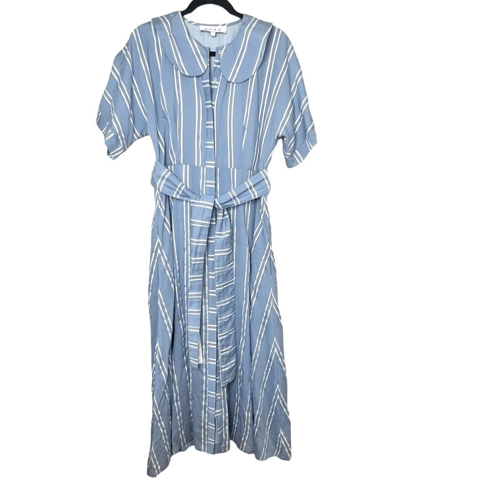 BURU Blue & White Stripe Short Sleeve Midi Shirt Dress w/Reversible Tie Belt Lrg